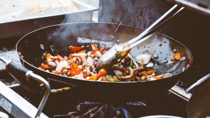 Sizzling Stir-Fry Delight: Colorful Vegetables Cooking in a Traditional Wok