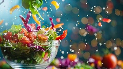 Wall Mural - Vibrant Salad Toss: Fresh and Colorful Salad Ingredients Being Mixed in a Bowl