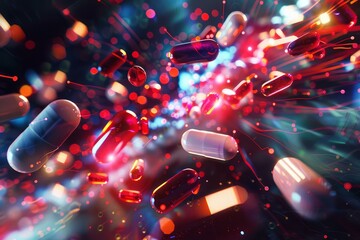 Poster - Digital illustration of 3d pills and capsules soaring with dynamic lighting