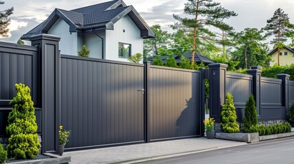 Anthracite-colored panel fence with a sliding gate, contemporary style, clean lines, residential background