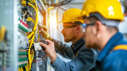 Wall Mural - electrician and engineer work on an electrical circuit with many cables for communication and data transfer