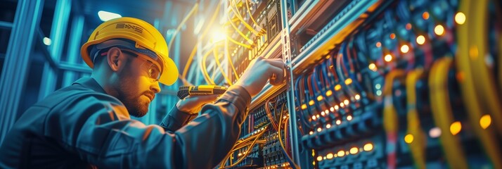 Wall Mural - electrician and engineer work on an electrical circuit with many cables for communication and data transfer