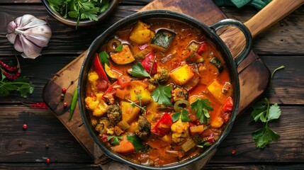 Wall Mural - Flavorful Vegetable Curry Simmering in a Steaming Pot - Fresh and Healthy Vegetarian Dish Cooking on Stove