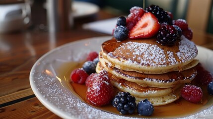 Poster - Close-up of a plate of fluffy pancakes served with fresh berries and maple syrup at a cafe