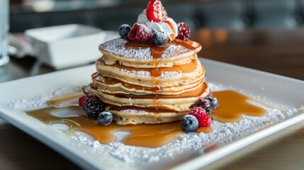 Poster - Close-up of a plate of fluffy pancakes served with fresh berries and maple syrup at a cafe