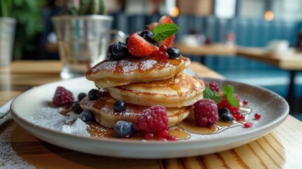 Poster - Close-up of a plate of fluffy pancakes served with fresh berries and maple syrup at a cafe