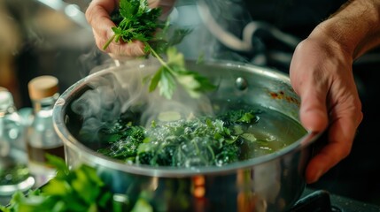 Wall Mural - Cooking with Fresh Herbs: Seasoning Soup with Flavorful Ingredients