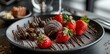 © saichon - A delectable chocolate truffle on an elegant black plate, accompanied by strawberries and chocolates, creating a luxurious dessert presentation for the dining table.