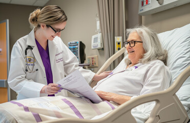 Sticker - A nurse in a white coat with green accents is smiling while holding an iPad and standing next to the bed of her elderly patient who has gray hair, lying on his back in a hospital room.