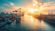 © Lyell - A sunrise at a port with the first light illuminating ships and cranes, containers casting long shadows
