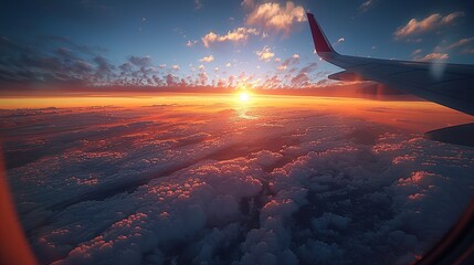 The scenery outside the plane window, snow-capped mountains, sea of ​​clouds and sunrise