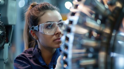 Close-up of an engineer wearing safety glasses inspecting a part