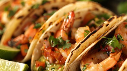 Wall Mural - Close-up of grilled shrimp tacos with salsa verde, avocado slices, and lime wedges
