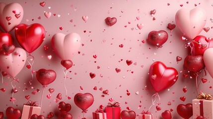 Wall Mural - pink heart balloons and gifts against a dreamy pink backdrop