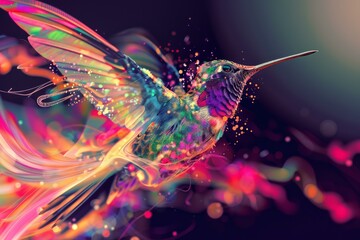 Poster - Vibrant digital artwork of a hummingbird with sparkling wings midflight