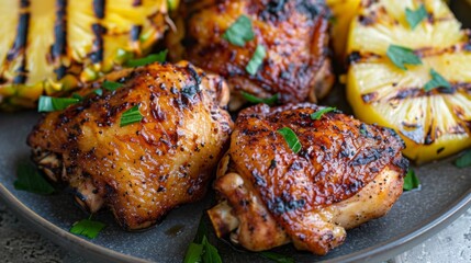 Canvas Print - Grilled chicken thighs with crispy skin served on a plate with grilled pineapple slices