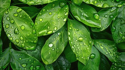 Canvas Print - Close-up of raindrops on shiny green leaves after a rain shower