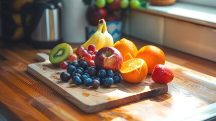 Fruit resting on a wooden cutting board in the kitchen