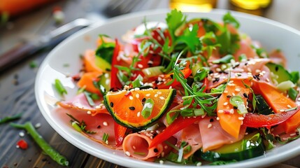 Wall Mural - Vegetable salad with smoked ham and sesame dressing