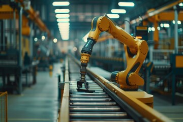 Poster - Robot working in modern factory. Blurry background.