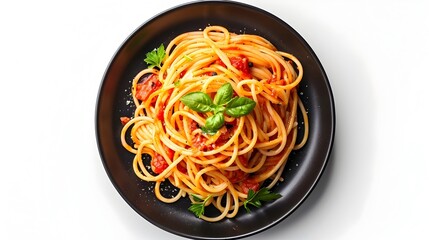 Wall Mural - Delicious Homemade Spaghetti Pasta Dish with Tomatoes and Fresh Basil Leaves