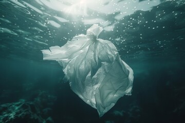 The ocean or sea is covered in white plastic bags. Waste under the water. Pollution problems. Stock.