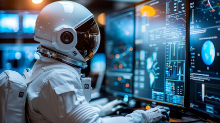 Poster - Man in space suit in futuristic control room