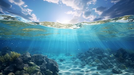 Split underwater view with sunny sky and serene sea.