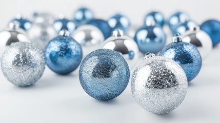 Colorful Silver and Blue Decorative Balls on White Background