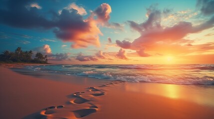 Summer Vacation background - Footprints on tropical beach at sunset time.