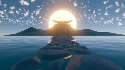 Poster - Pathway to Tranquility: Modern 3D Representation of a Traditional Torii Gate at Sunrise