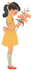 Sticker - PNG Vintage illustration of a girl flower art drawing.