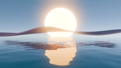 Aufkleber - Abstract Sunrise Over Serene Waters: A 3D Digital Artwork Featuring Fluid Motion and Vibrant Light