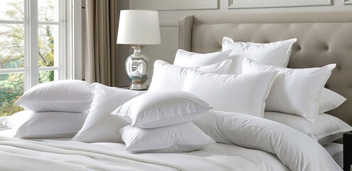 A pile of white pillows on the bed with a background of white lights and gray curtains