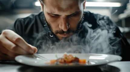 Wall Mural - A chef is cooking food and the smoke is coming out of the plate