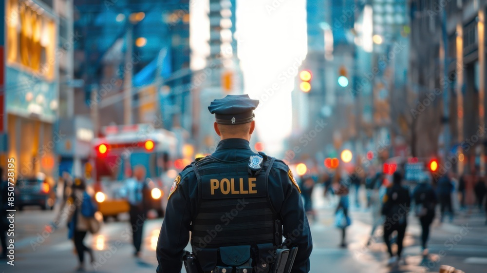 A police officer on patrol, walking through a bustling city street, in ...