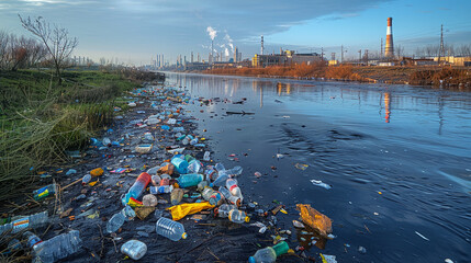 Polluted river with plastic waste along banks and in water. Protection preservation of environment