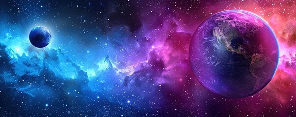 an outer space illustration with pink and blue planets