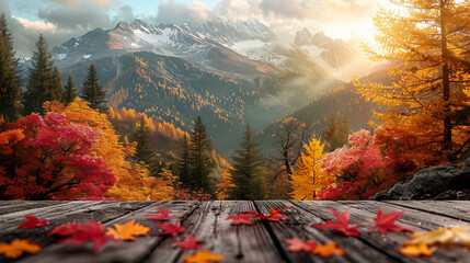 Wall Mural - In foreground wooden Background blurred landscape autumn mountains colorful autumn forest