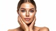 © ปฏิภาน ผดุงรัตน์ - Beautiful woman with perfect clean skin touching her face isolated on a white background, Beauty concept for cosmetic products wide angle lens
