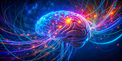 Modern Scientific Illustration of Brain Structure and Intricate Neural Pathways, Radiating Electric Energy and Unique Visual Appeal