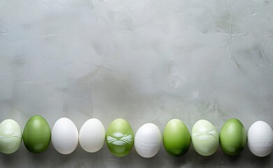 A happy easter! Eastern / Green White Easter eggs on a neutral background. Decoration concept for greetings and presents on Easter Day / Copy Space / Space for Text / Eastereggs.