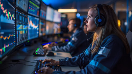 Poster - A woman wearing a headset is working on a computer monitor