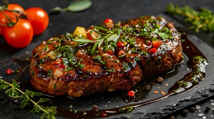 Wall Mural - Plant-Based Meat Steak with Herbs and Sauce in Studio Lighting
