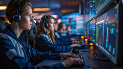 Aufkleber - A group of people are working on computers with a blue screen in the background