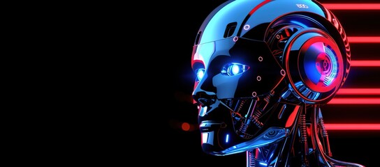 Wall Mural - illustration of a robot head with glowing red lines on a black background