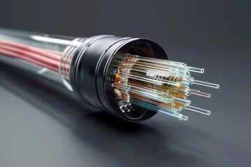 A single fiber-optic cable in wireframe, its cross-section showing the layering of protective elements and data strands