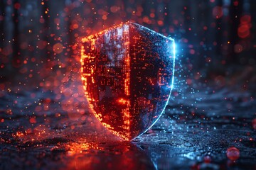 Poster - A fragmented shield emblem, cracked and distorted, overlaid with swirling glitches representing a compromised defense
