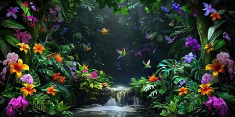 Wall Mural - Dark rainforest sun rays through the trees and birds digital illustration. AI generated illustration.