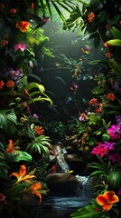 Wall Mural - Dark rainforest sun rays through the trees and birds digital illustration. AI generated illustration.